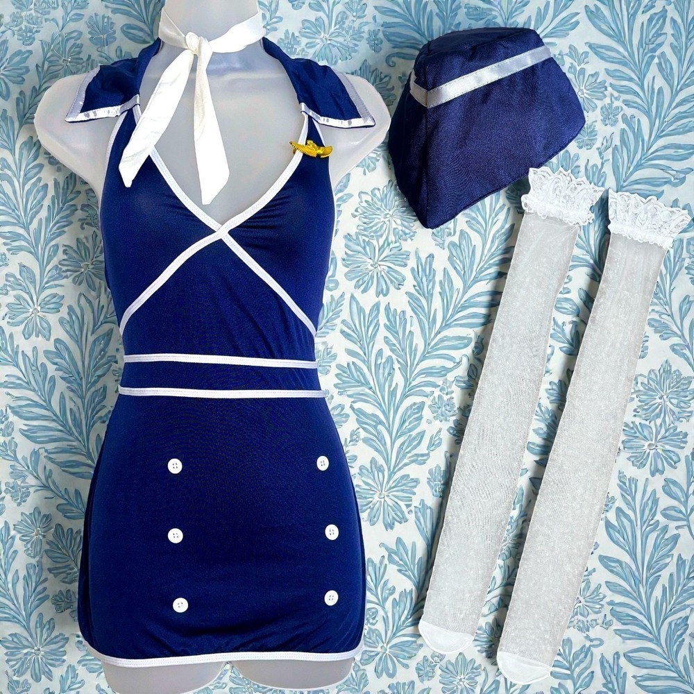 Small‎ Blue White Flight Attendant Halter Neck Halloween Costume Set Hat Dress